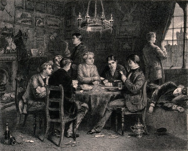 A group of men are sitting around a table, playing cards and smoking, there are empty bottles lying around on the floor and one man has fallen asleep. Etching by S.J. Ferries after Wm. P. Frith.