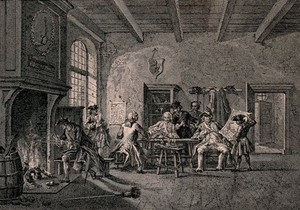 view Soldiers sitting around a table: some play at cards, two look at plans of fortifications, and one lights his pipe at the fireside. Engraving by L. Garreau, 1787, after C. Troost.