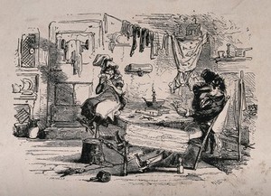 view A couple sit in a slum dwelling playing a card game; the man is drinking from a tankard and washing is hanging from a line stretched across the room. Wood engraving by E. Landells after H.K. Browne.