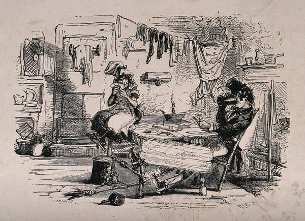 A couple sit in a slum dwelling playing a card game; the man is drinking from a tankard and washing is hanging from a line stretched across the room. Wood engraving by E. Landells after H.K. Browne.