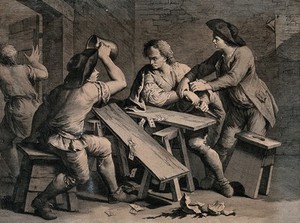 view Two men are having a dispute over a card game, one man has raised his tankard and the table has been broken, one man flees from the room and another attempts to ease the situation. Engraving by G. Volpato after F. Maggiotto.