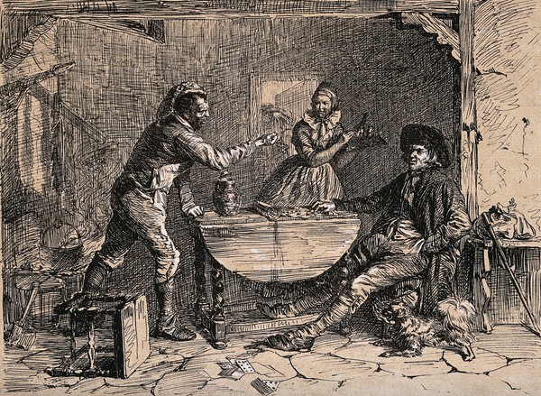 A man has his fist raised against another man as playing cards lie all around, a woman carrying a tray recoils in fright. Etching.