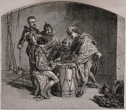 Soldiers sit around an upturned drum playing a game with dice. Wood engraving by W. Armstrong.