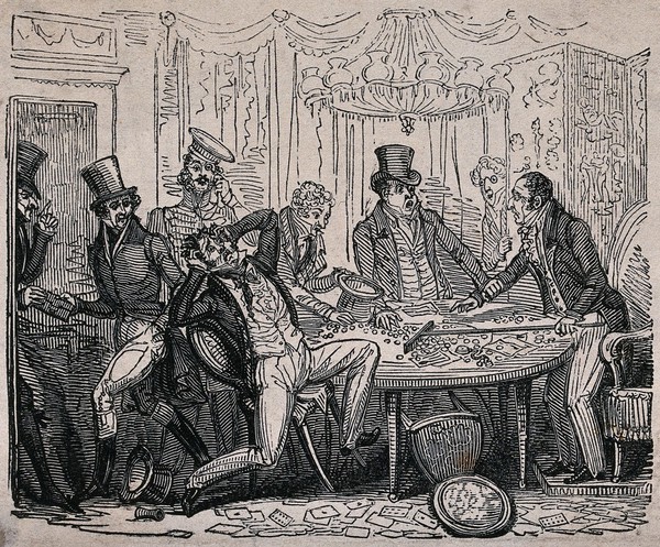 A man holds his head in despair as the croupier claims all his chips in the gambling game. Wood engraving.