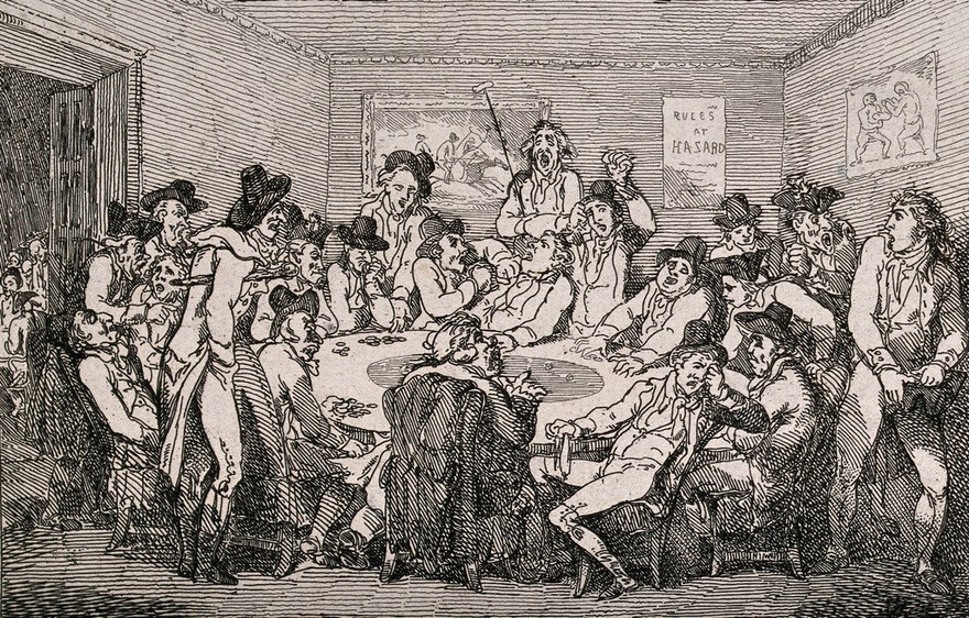 A man holds his head in despair as the croupier claims all his chips in the gambling game. Wood engraving.
