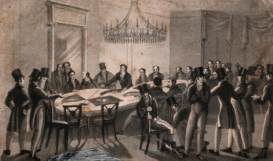 Men gambling in a casino or gaming club. Aquatint, ca. 181-.