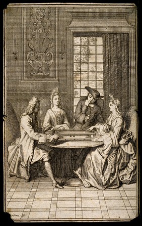 Two men and two women sit at a table playing backgammon (trictrac) in France. Engraving, 1715.
