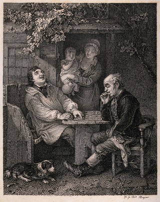Two men are sitting outside a cottage playing a game of draughts, a woman is standing in the doorway holding a baby and a jug. Engraving by C. Beyer after J. Burnet.
