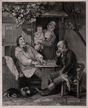 Two men are sitting outside a cottage playing draughts; a woman is in the doorway holds a child and a jug. Aquatint by D. Landini after J. Burnet.