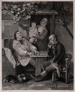 view Two men are sitting outside a cottage playing draughts; a woman is in the doorway holds a child and a jug. Aquatint by D. Landini after J. Burnet.