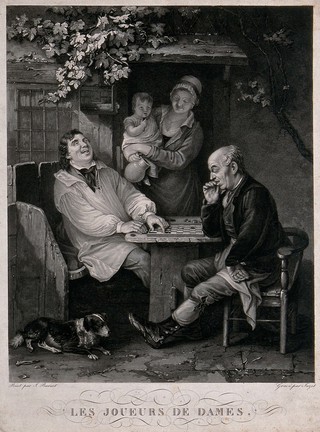 Two men are sitting outside a cottage playing draughts; a woman is in the doorway holding a child and a jug. Aquatint by J.P.M. Jazet, 1821-1822, after J. Burnet.