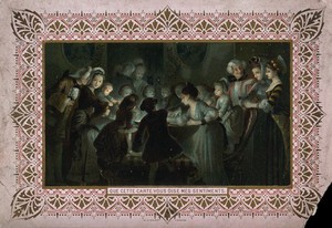 view Men, women and children are crowding round a table reaching towards a bowl in the middle. Chromolithograph, ca. 1880.