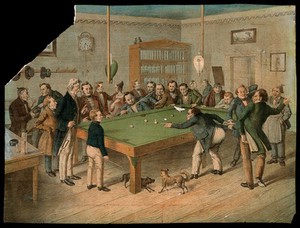 view A group of man and boys are gathered around a billiard table watching as two people play a game. Coloured lithograph.