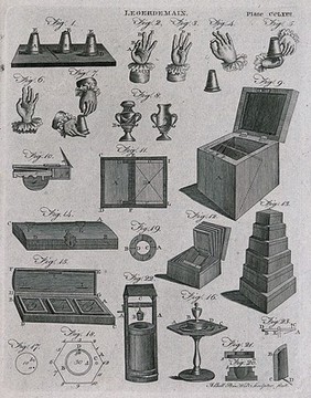Conjurers' tricks and equipment. Engraving by Andrew Bell.