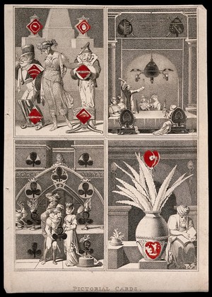 view Pictorial cards bearing the symbols of each of the four suits. Coloured stipple engraving, 1818.