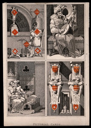 view Pictorial cards bearing the symbols of each of the four suits. Stipple engraving, 1818.