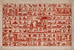 view Objects, people and activities with their names, as a teaching aid for children. Colour engraving (?).