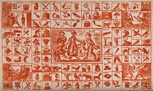 view Objects, people and activities with their names, as a teaching aid for children. Colour engraving (?).