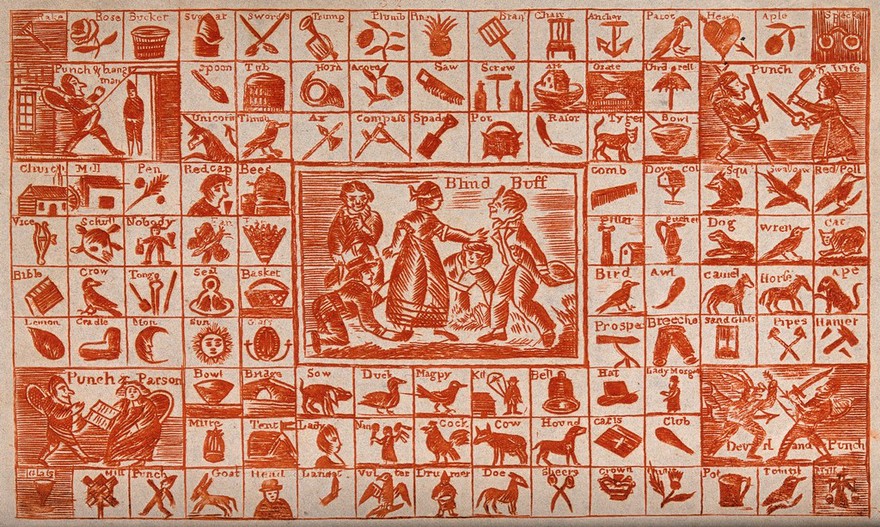 Objects, people and activities with their names, as a teaching aid for children. Colour engraving (?).
