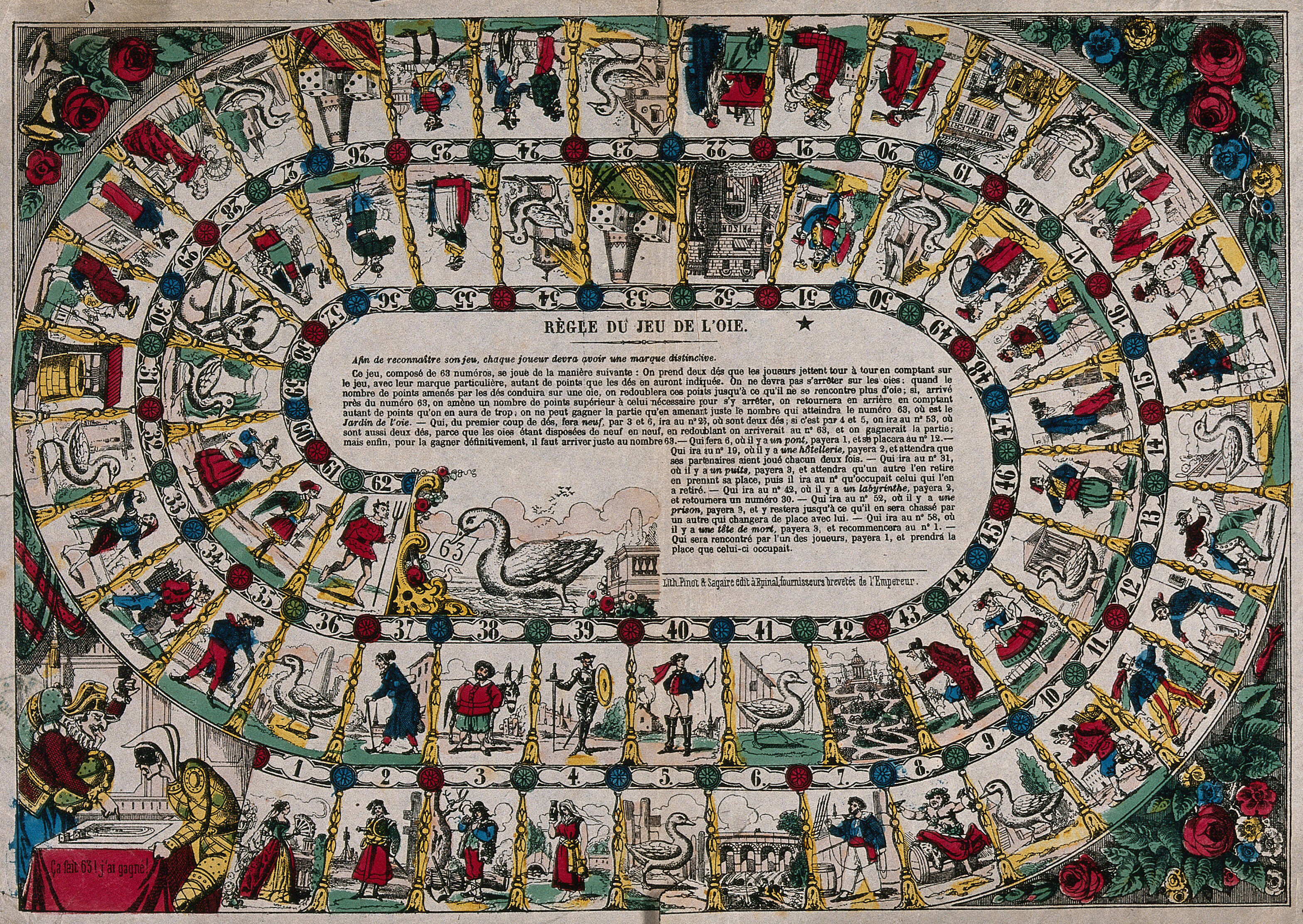 A board game for the game of goose, with squares and numbers with the ...