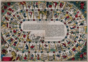 view A board game for the game of goose, with squares and numbers with the penalties, forfeits and rewards and instructions. Coloured lithograph.