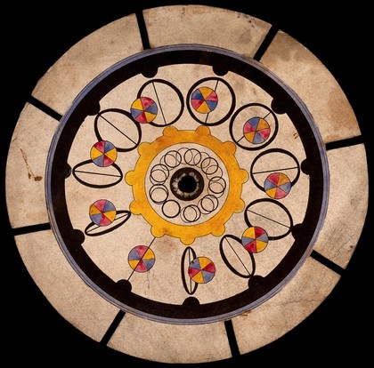 An optical spinning toy. Coloured lithograph.