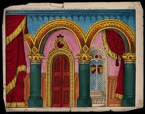 view Scenery to be used in a toy theatre: a room in a palace. Coloured lithograph.