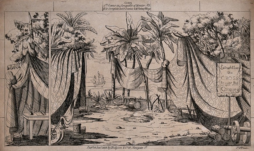 Scenery to be used in a toy theatre: the camp of Cortez in Mexico. Lithograph.