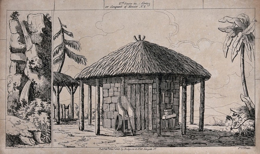 Scenery to be used in a toy theatre: a large hut with a straw roof has a chair outside and a table with a water barrel on it. Lithograph.