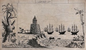 view Scenery to be used in a toy theatre: ships sailing on the sea near a coast, with a wooden building and palm trees on it. Lithograph.