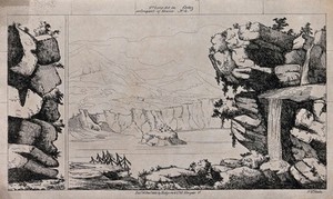 view Scenery to be used in a toy theatre: a rocky overhang with a water fall looks out over the water towards a a mountainous area. Lithograph.
