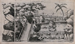 view Scenery to be used in a toy theatre: wooden steps and a bridge have been built up over the river. Lithograph.