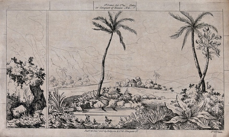 Scenery to be used in a toy theatre: a landscape with a lake, palm trees and a hut with a pathway leading to it. Lithograph.