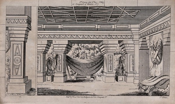 Scenery to be used in a toy theatre: a large room with decorated columns and statues. Lithograph by JL.