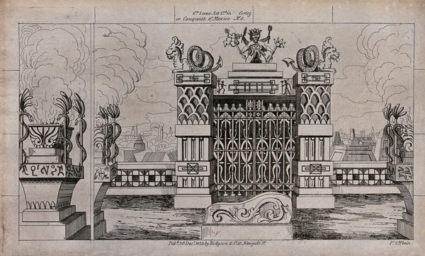 Scenery to be used in a toy theatre: a large gateway between two decorated pillars surmounted by dragons set overlooking a town. Lithograph.