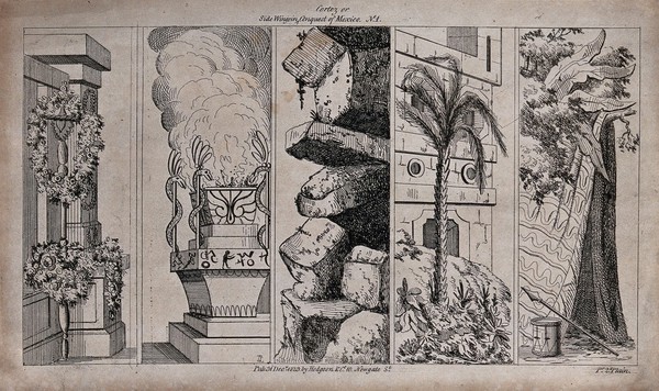 Scenery to be used in a toy theatre: garlanded pillars, ceremonial fire, a rocky overhang, a palm tree and a cloth forming a tent with a drum and spear nearby. Lithograph.