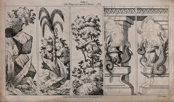 Scenery to be used in a toy theatre: a rocky overhang, a palm tree and vegetation, trees and bushes and a ceremonial fire casket decorated with dragons. Lithograph.