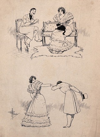 A young lady is sitting on a seat with a black cat on her lap as a man writes on a piece of paper, he then takes her hand and bows. Process print after Albert Guillaume.