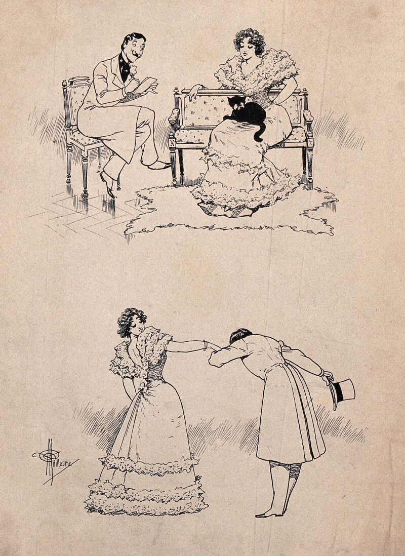 A young lady is sitting on a seat with a black cat on her lap as a man writes on a piece of paper, he then takes her hand and bows. Process print after Albert Guillaume., by Albert Guillaume