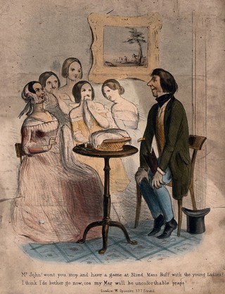 A young man declines the offer of a mother to play Blind Man's Buff with her four daughters. Coloured lithograph.