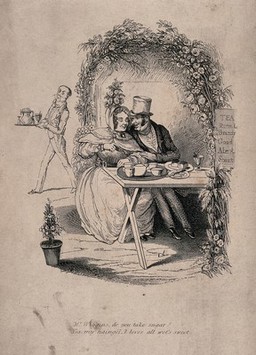 A man and a woman taking tea in the garden of a refreshment house: she asks whether he takes suger, he replies in sentimental terms. Etching attributed to R. Seymour.