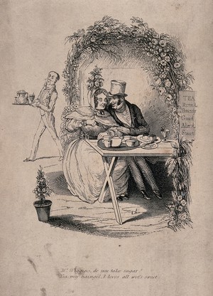 view A man and a woman taking tea in the garden of a refreshment house: she asks whether he takes suger, he replies in sentimental terms. Etching attributed to R. Seymour.