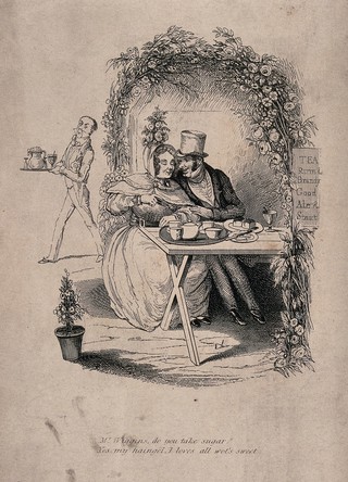 A man and a woman taking tea in the garden of a refreshment house: she asks whether he takes suger, he replies in sentimental terms. Etching attributed to R. Seymour.