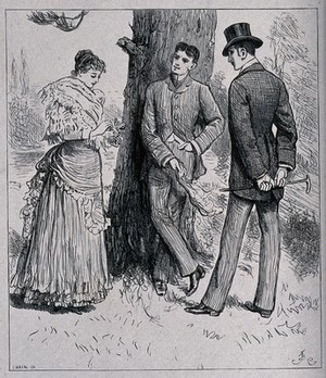 view A young woman, holding flowers in her hand, talking to two men standing under a tree. Wood engraving by Swain after F. Barnard.