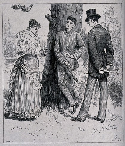 A young woman, holding flowers in her hand, talking to two men standing under a tree. Wood engraving by Swain after F. Barnard.