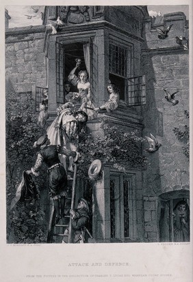 A young man on a ladder leading to an upstairs window from where young women pelt him with flowers. Engraving by L. Stocks after J. C. Horsley.