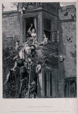 view A young man on a ladder leading to an upstairs window from where young women pelt him with flowers. Engraving by L. Stocks after J. C. Horsley.