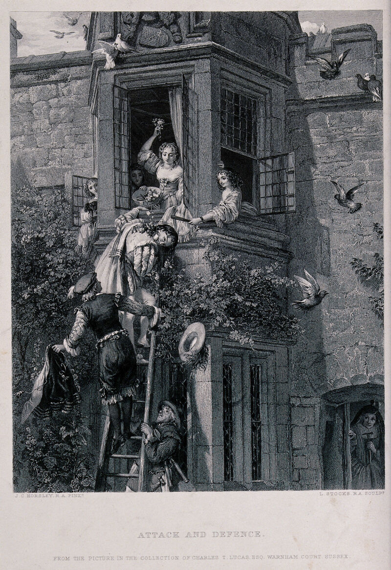A young man on a ladder leading to an upstairs window from where young women pelt him with flowers. Engraving by L. Stocks after J. C. Horsley., 1800-1899, by John Callcott Horsley