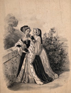 Two young women are standing by a stone wall, one is offering the other a rose to smell. Lithograph by E.C. Fischer, 1844, after Héloise Leloir.