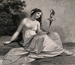 view A young woman sits holding a puppet of Punchinello in her hand. Engraving.